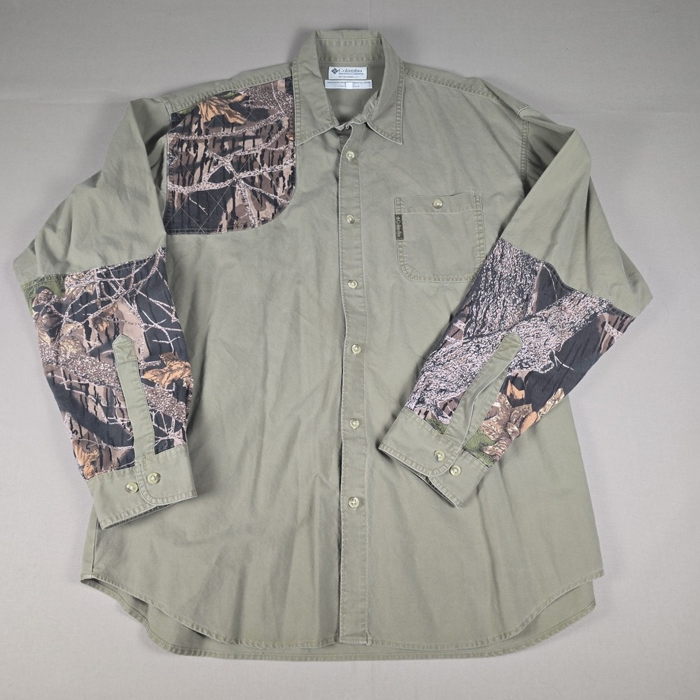 VTG. Columbia Shirt Mens XL Green Camo Hunting Button Long Sleeve Cotton Outdoor